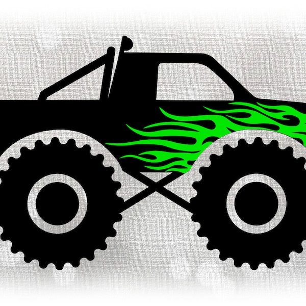 Car/Automotive Clipart: Simple Black Monster Truck Drawing w/ Lime Green Fire Flames Layer, Roll Bar & Lights - Digital Download SVG / PNG