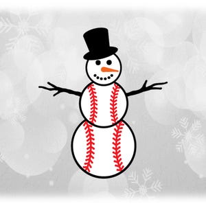 Holiday Clipart: Black on White Baseball Snowman with Coal Eyes, Mouth, Hat, Arms and Orange Carrot Nose - Digital Download svg png dxf pdf