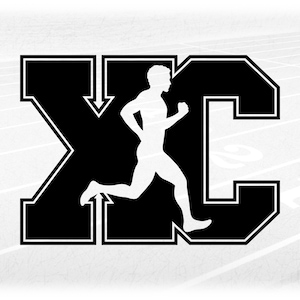 Sports Clipart: Black College Style Letters "XC" Standing for Cross Country with Male / Boy Runner Cutout - Digital Download svg png dxf pdf