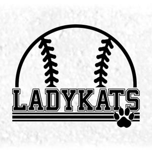 Sports Clipart: Black Half Softball with "LadyKats" Team Name in Varsity Style with Paw Silhouette - Digital Download svg png dxf pdf