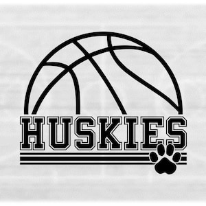 Sports Clipart: Black Half Basketball with "Huskies" Team Name Varsity Style with Paw Silhouette Cutout - Digital Download svg png dxf pdf