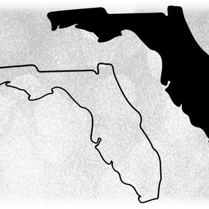 Geographie Clipart: Solide Silhouette und einfacher Umriss des Bundesstaates Florida, USA, nur in schwarzer Farbe - Digital Download SVG & PNG