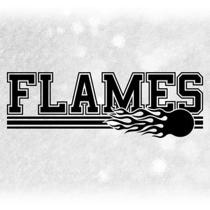 May include: Black and white graphic design featuring the word "FLAMES" in a bold, blocky font. A stylised flame with a black circle at the end is positioned to the right of the word.