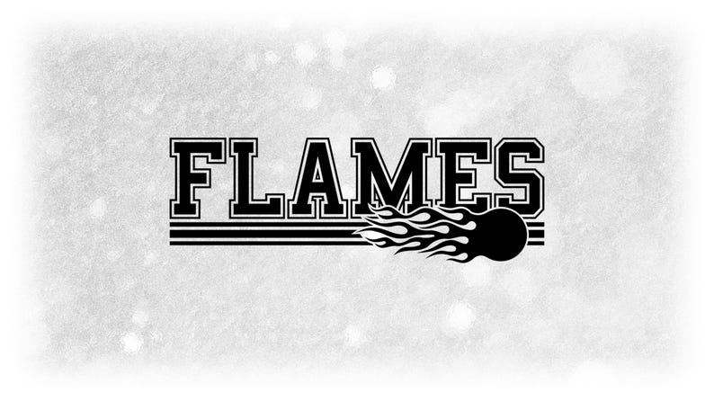 May include: Black and white graphic design featuring the word "FLAMES" in a bold, blocky font. A stylised flame with a black circle at the end is positioned to the right of the word.