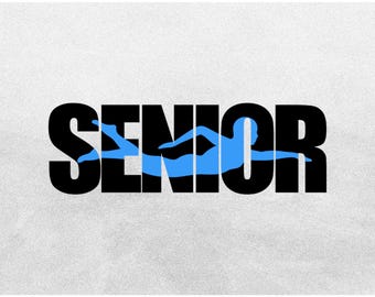 Sports Clipart: Bold Black Word SENIOR with Blue Swimming Silhouette Overlay for Teams, Coaches, Parents - Digital Download svg png dxf pdf