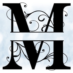 Clipart de palavra: Moldura de nome dividida Preto Estilo formal Letra maiúscula Inicial / Monograma "M" com cachos florais/redemoinhos - Download digital SVG e PNG