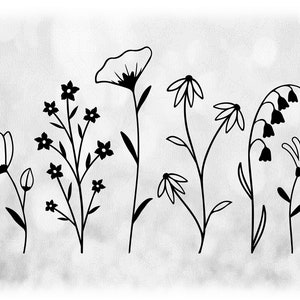 Bloem/natuur clipart: eenvoudige, dunne zwarte silhouet contouren van zes bloeiende wilde bloemen in een patch-digitale downloads in SVG PNG DXF PDF