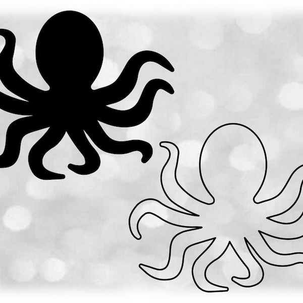 Animal Clipart: Simple Black Silhouette of Octopus in Solid and Outline Format, Change Color with Your Software - Digital Download SVG & PNG