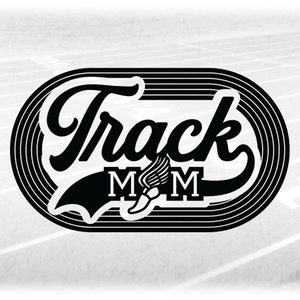 Sports Clipart: Black Fancy "Track Mom" with Wing Running Shoe for Track & Field inside Six Lane Track - Digital Download svg png dxf pdf