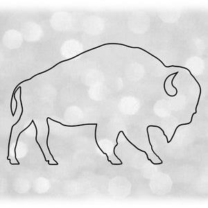 Puede incluir: Un dibujo de línea negra de un bisonte sobre un fondo blanco con un patrón borroso de círculos blancos.