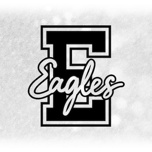 Sports Clipart: Black Script "Eagles" Team Name Cutout of Large Varsity Style Capital Letter "E" - Digital Download svg png dxf pdf
