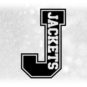 Sports Clipart: Black Letter "J" with "Jackets" Team Mascot Name in College Varsity Style Cutout - Digital Download svg png dxf pdf