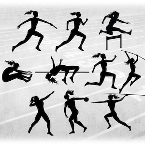 Pacote de valor de clipart esportivo: silhueta feminina de atletismo preto, corredores, saltadores, lançadores - Download digital svg png dxf pdf
