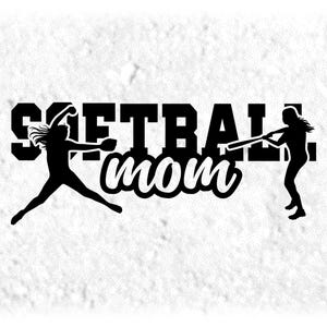 Sports Clipart: Black Varsity Word "Softball" with Script Style Word "Mom" Cutout and Player Silhouettes - Digital Download svg png dxf pdf