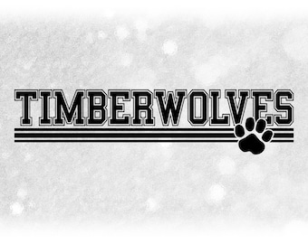 Sports Clipart: Black "Timberwolves" Team Mascot Name in Varsity Style above Stripes and Paw Print Logo - Digital Download svg png dxf pdf