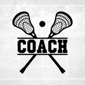 Sports Clipart: Split Black Crossed Lacrosse Sticks and Ball with Bold College Varsity Word "Coach"  - Digital Download svg png dxf pdf