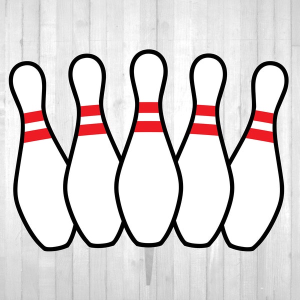 Sports Clipart: Set of Five Black and White, Red Striped Bowling Pins - Bowlers, Alleys, Lanes, Leagues - Digital Download svg png dxf pdf