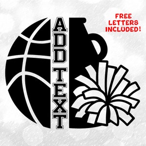 Sports Clipart: Black Half Basketball and Half Cheer Megaphone with Pom Pom Outline  for Cheerleaders - Digital Download svg png dxf pdf