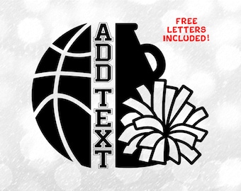 May include: Black and white silhouette design of a basketball, a cheerleader's pom-pom, and a trophy with the word "ADD TEXT" in bold letters.