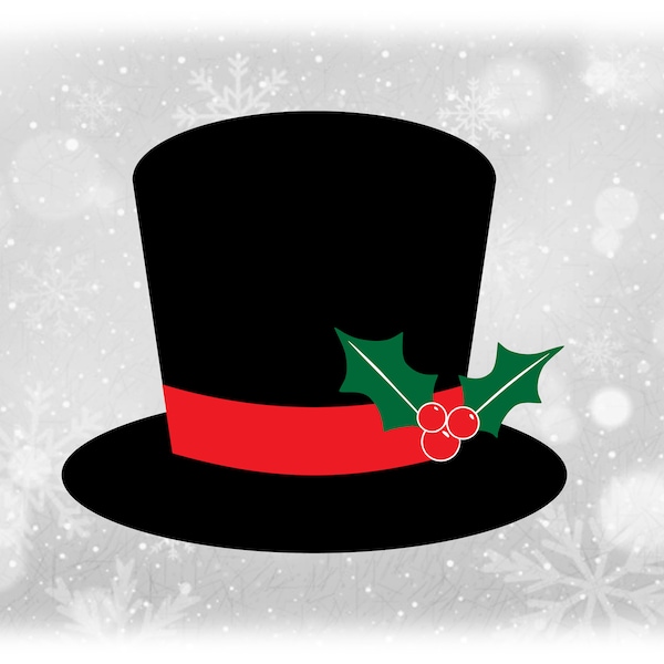 Holiday Clipart: Sombrero de copa negro en capas con banda roja y bayas de acebo para mago, muñeco de nieve de Navidad, otros - Descarga digital SVG y PNG
