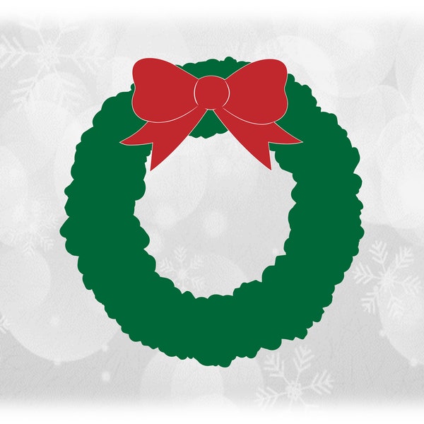 Holiday Clipart:  Green Evergreen Wreath of Branches and Berries with Red Bow on Top - Christmas Theme Digital Download Format SVG & PNG