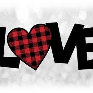 図形クリップアート: バレンタイン用の赤と黒のバッファローチェックの落書きハート「O」と重ねた「LOVE」の文字 - SVG および PNG でのデジタル ダウンロード