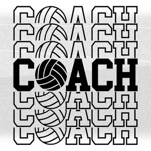 Sports Clipart: Triple Split Mirror Black Word "Coach" in Collegiate Block Type & Bold Volleyball as Letter "O" - Digital Download SVG/PNG