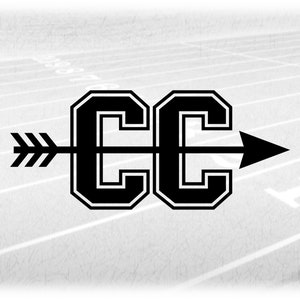 Sports Clipart: Thick Bold Black Letters "CC" Standing for Cross Country Layered on Top of Arrow in Middle Digital Download svg png dxf pdf