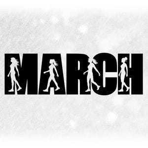 Sports Clipart: Black Word "MARCH" with Four Female / Woman FIgures Walking for Women's March - Digital Download svg png dxf pdf