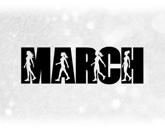 Sports Clipart: Black Word "MARCH" with Four Female / Woman FIgures Walking for Women's March - Digital Download svg png dxf pdf