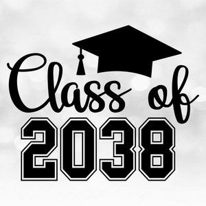 Educational Clipart: Words "Class of 2038" in Varsity / Collegiate and Script Style with Graduation Cap - Digital Download svg png dxf pdf