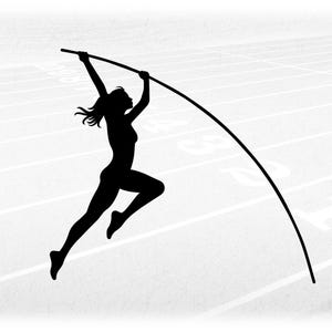 Sports Clipart: Black Track & Field Silhouette of Female Pole Vault Athlete Vaulting with Long Bent Pole - Digital Download svg png dxf pdf