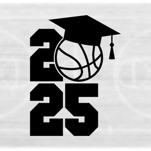 Educational Clipart: Black Bold Year "2025" Varsity Style w/ Graduation Cap & Basketball as the Letter "0" Digital Download svg png dxf pdf
