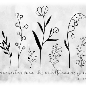 Inspirational Clipart - 7 fleurs avec « Considérez comment les fleurs sauvages poussent » Verset de la Bible, Luc 12:27 - Téléchargements numériques en svg png dxf pdf