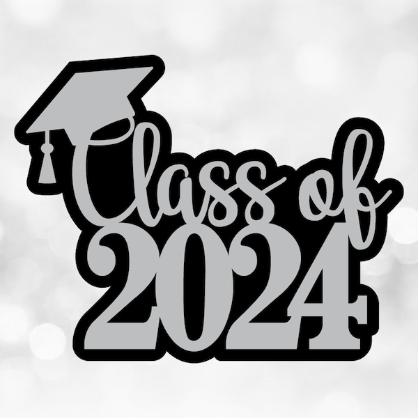 Educational Clipart: Gray Words "Class of 2024" with Cap on Black Background for Cake Topper/Other Decor - Digital Download svg png dxf pdf