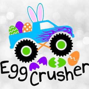 May include: A blue monster truck with bunny ears, carrying colourful Easter eggs in the bed. The truck has black wheels with green centres and purple flames on the side. The text "Egg Crusher" is written below the truck.