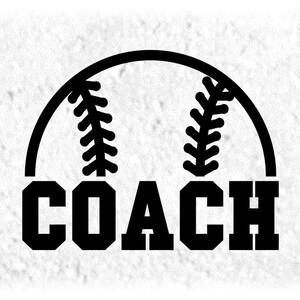 May include: Black and white graphic design of a baseball with the word "COACH" underneath.