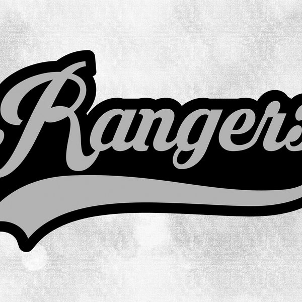 Sports Clipart: "Rangers" Team Name in Fancy Type with Baseball Style Swoosh Underline - Gray on Black Layers - Digital Download SVG & PNG