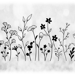 Clipart de flores / natureza: contornos simples e finos de silhueta preta de 15 flores silvestres em uma única folha - downloads digitais em svg png dxf pdf
