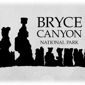 Nature Clipart: Silhouette noire du parc national de Bryce Canyon avec Thors Hammer et autres formations rocheuses dans le sud-ouest de l’Utah - Téléchargement numérique SVG / PNG