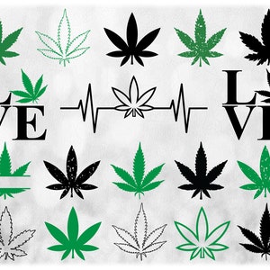 Nature Clipart: Value Pack Bundle of Eighteen (18) Different Black & Green Marijuana / Pot / Weed Leaf Designs, Digital Download SVG and PNG