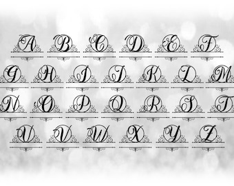 Imágenes prediseñadas de Word: Marco de nombre de monograma dividido con escritura elegante, letras agrupadas en UNA sola hoja - Descarga digital SVG - Archivo de fuente NO instalable