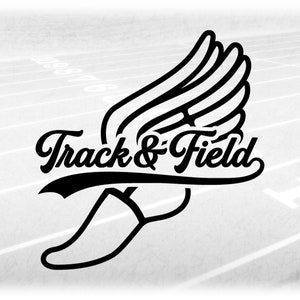 May include: Black and white illustration of a running shoe with a wing on top. The text "Track & Field" is written in a stylized font above the shoe.
