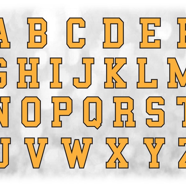 Sports Clipart: Alphabet Letter Templates Grouped on Single Sheet -Yellow w/ Black Outline - Digital Download SVG, NOT Installable Font File