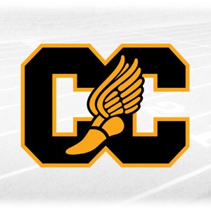 Sports Clipart: College Style Letters "CC" for Cross Country w/ Winged Track Shoe Cutout Overlay on Gold - Digital Download svg png dxf pdf