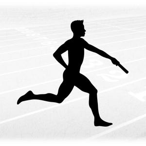 May include: Silhouette of a person running on a track and holding a baton, a common image used to represent relay races.
