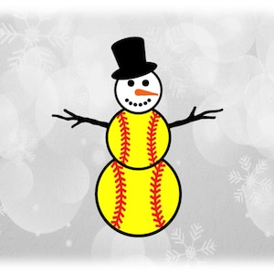 Holiday Clipart: Black on White/Yellow Softball Snowman w/ Eyes, Mouth, Hat, Arms and Orange Carrot Nose - Digital Download svg png dxf pdf