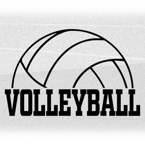 Sports Clipart: Black Bold Half Volleyball Silhouette Outline with Word "Volleyball" in College Type Style - Digital Download SVG & PNG