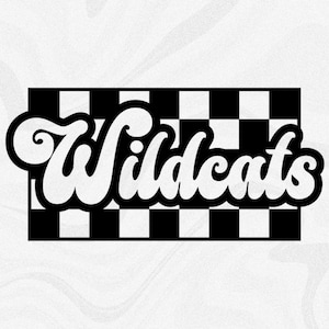 Sports Clipart: Team Mascot Name "Wildcats" in Groovy Retro Style Cutout of Black Checkered Background - Digital Download svg png dxf pdf