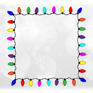 May include: A string of colorful Christmas lights in a square shape against a white background with a snowflake pattern.